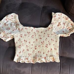 American Eagle Outfitters Cream and Red Floral Smocked Top